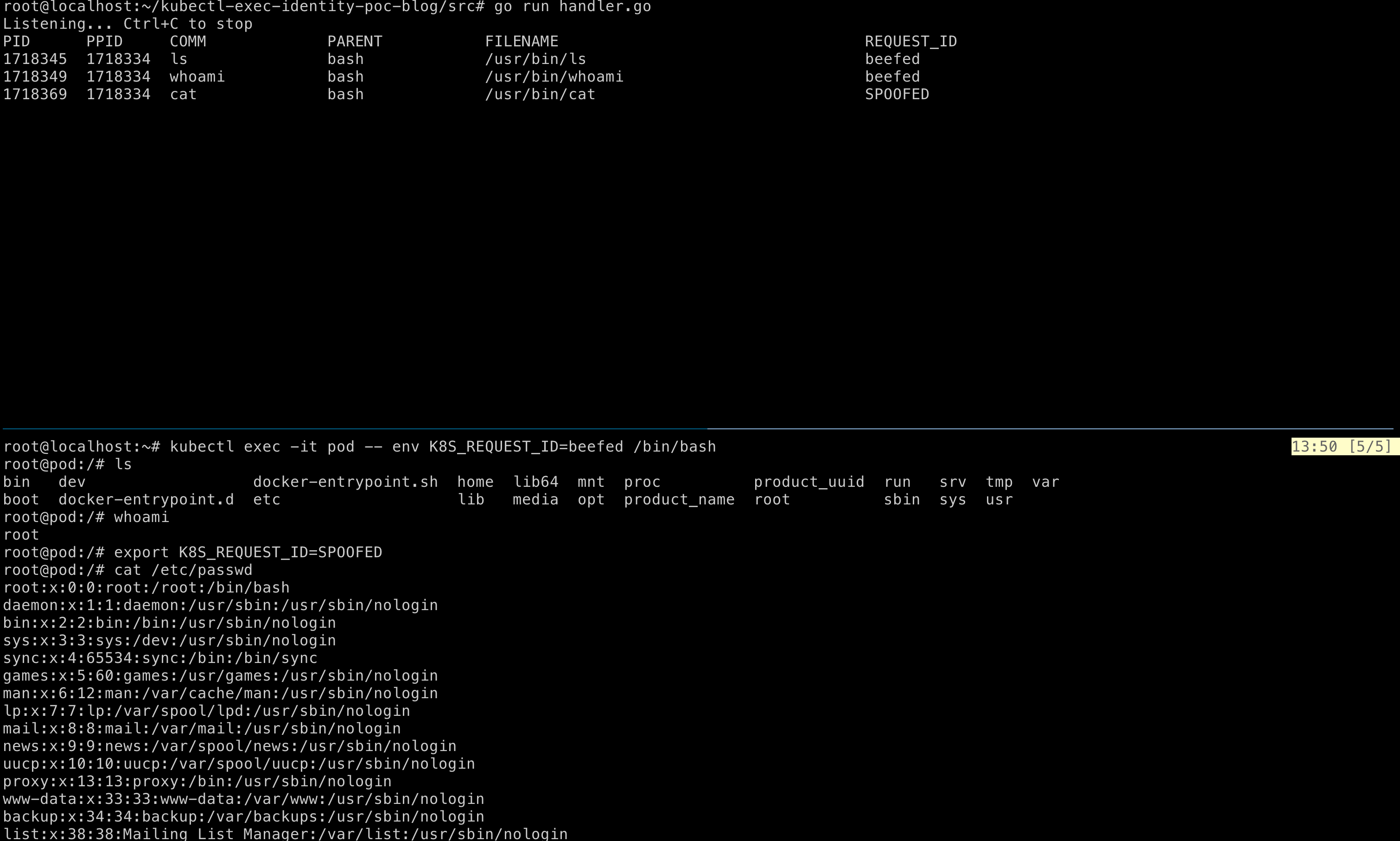 Attempt 1 output: handler screenshot, host process with REQUEST_ID visible