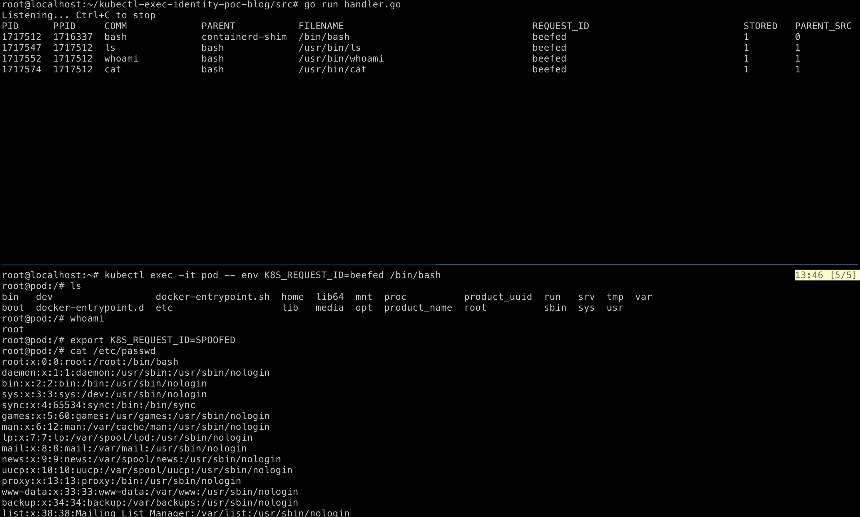 Attempt 3 output: handler screenshot, POC for defeating spoofing