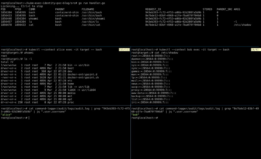End-to-end demo: two concurrent kubectl exec sessions, two request_ids, two identities recovered from the audit log